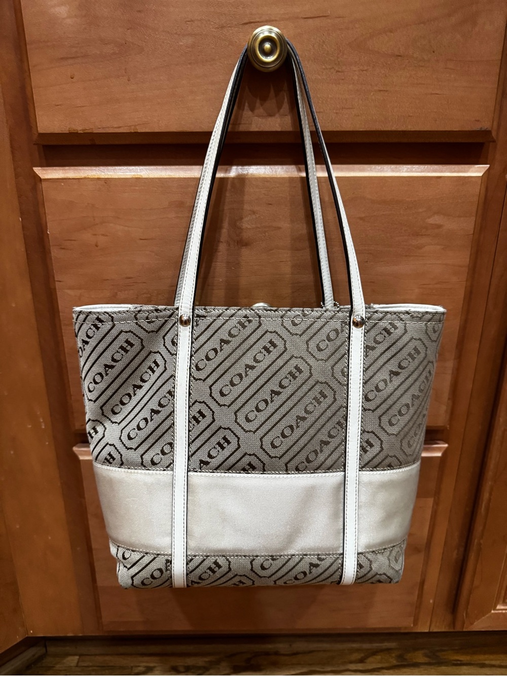 Coach Beige and White Signature Tote